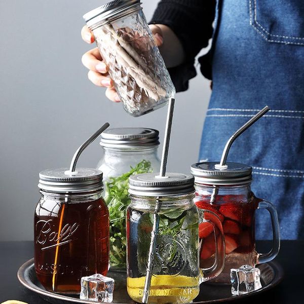 

straw tumblers mason cup clear glass vegetable salad jar with lid straw breakfast juice glass straw cup xd23798
