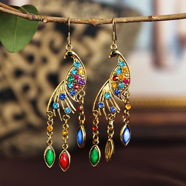 

s1686 fashion jewelry vintage peacock earrings rhinstone peacock dangle earrings, Golden;silver