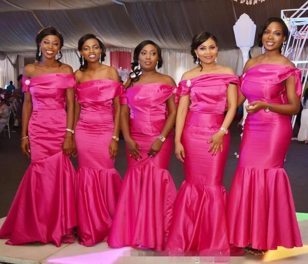 

new off shoulder fuchsia bridesmaid dresses for weddings mermaid floor length satin floor length plus size formal maid of honor gowns, White;pink