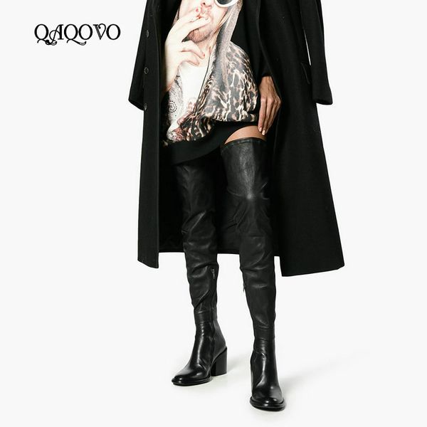 

женская обувь sexy над коленом boots кожа коровы площади высокий каблук бедро сапоги на молнии осень зима мода обувь, Black