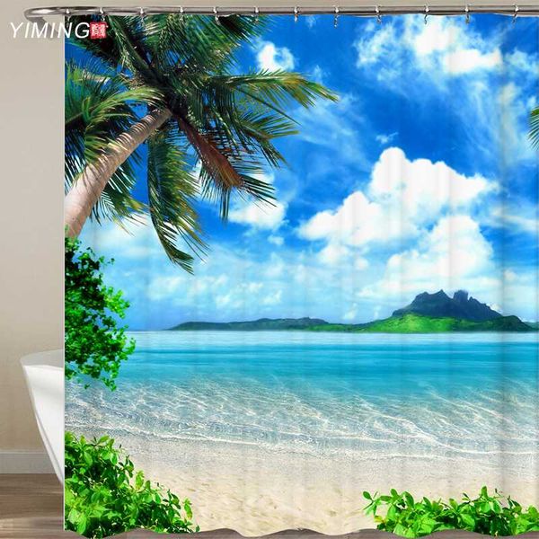 

3d seaside scenery beach shower curtain home decor curtain moldproof waterproof belt hook shower douchegordijn