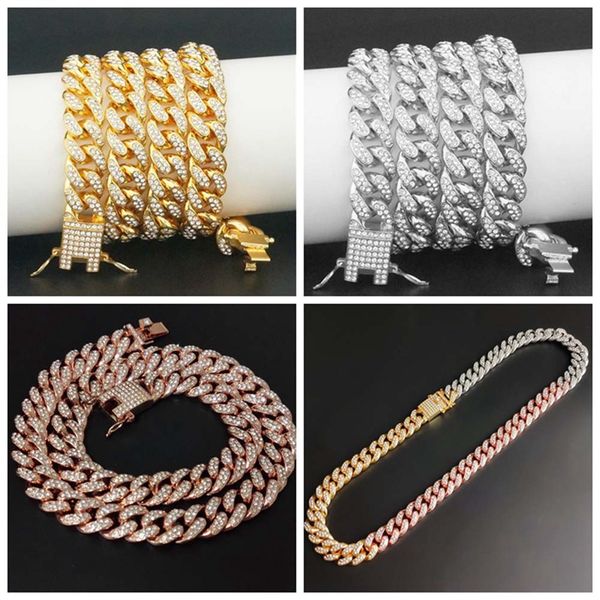 

multicolor iced-out bling rhinestone golden finish miami cuban link chain necklace men hip hop necklace jewelry 16,18,20,24 inch, Silver