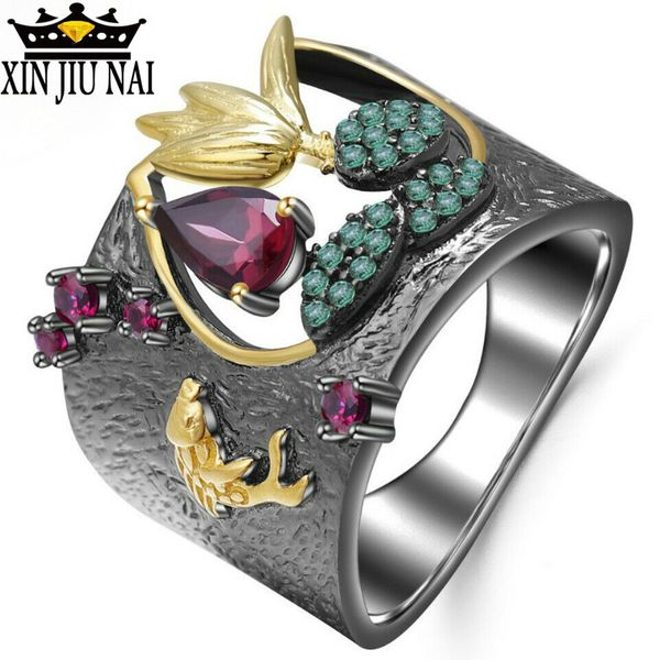 

europe dark forest witch magic selling hollow ruby black gold zircon female creative lotusarnet handmade bird rings for women, Golden;silver