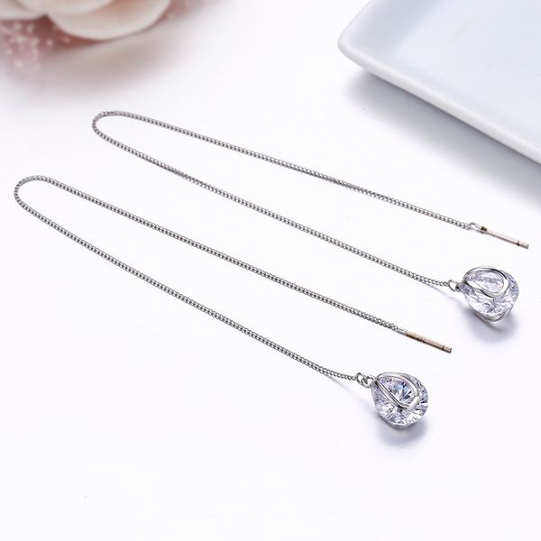 

dangle & chandelier round cz zircon link white gold color drop through chain long earrings for women girls jewelry aros aretes orecchini, Silver