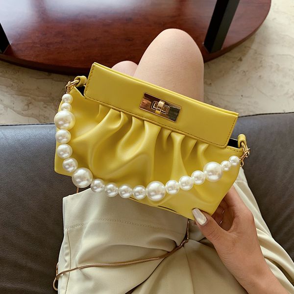 

fashion pearl chain pleated handbag women crossbody bags 2020 casual solid color women's designer shoulder messenger bag purses