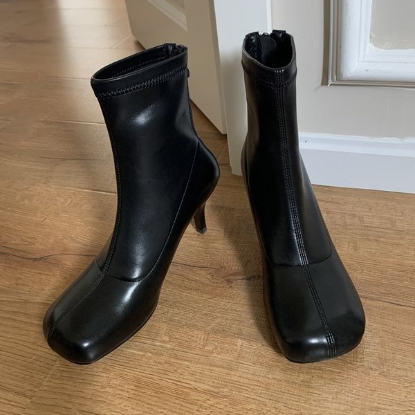 

autumn winter fashion women elastic zipper sock boots square toe high heels leather ankle boots autumn party shoes women, Black