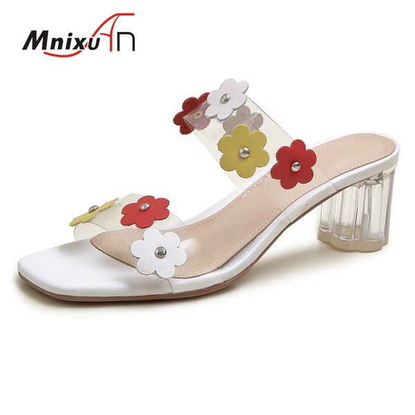 

new arrival 2020 summer transparent pvc ladies slippers and sandals high heels women shoes open toe flowers clear heels slides, Black