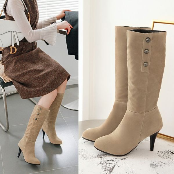 

new fashion women knee high boots nubuck leather thin heels western boots high heels casual womens shoes plus size 33-43 maziao, Black