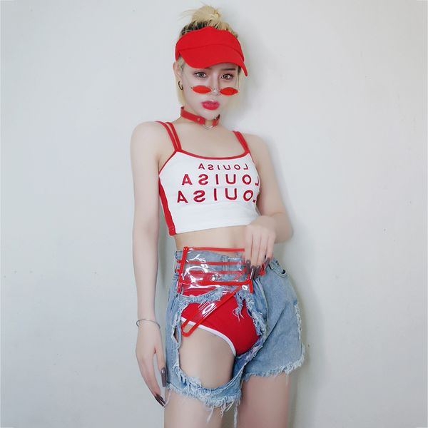 

stage wear bar performance costumes singer nightclub clothes gogo letter sling hip hop jazz dance hole denim shorts suit dt2691, Black;red