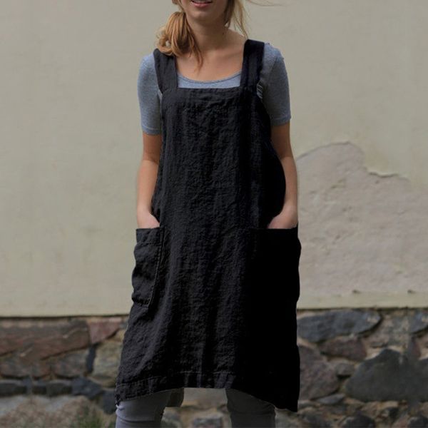 

women bib apron cleaning sleeveless cotton linen with pocket chef home cooking