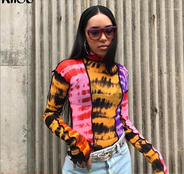 

long sleeve woman spring autumn skinny patchwork ladies tees high collar womens tshirts contrast color, White