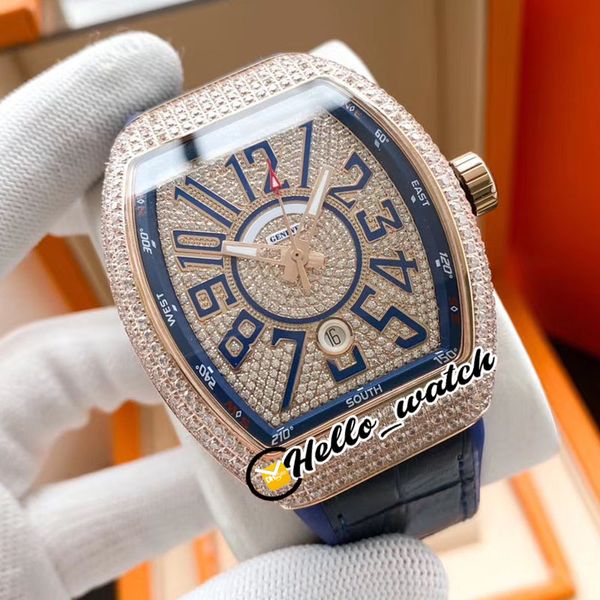 Novo Vanguarda V45 Automatic Mens Watch Rose Gold All Diamond Case Blue Inner Diamond Dial 3D Number Markers Blue Rubber Relógios Olá!