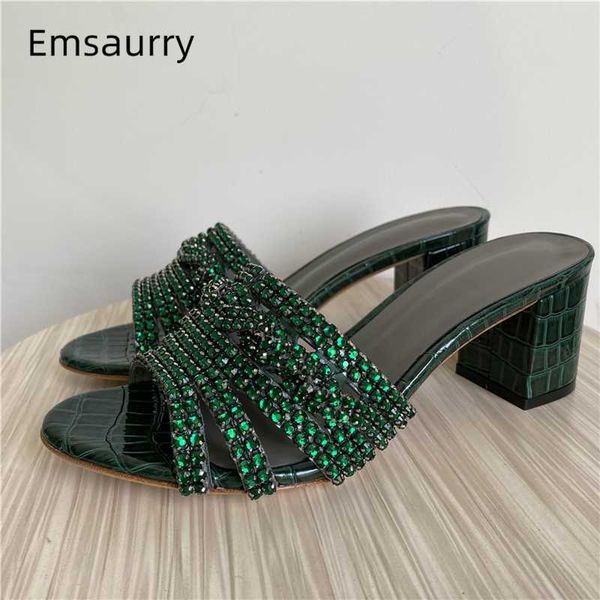 

diamond rhinestone runway slippers women med hoof heel open toe slip-on outwear mules genuine leather summer shoes woman, Black