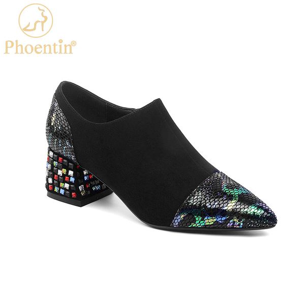 

phoentin patchwork leather heels women deep mouth crystal heels women pointy zip closure woman pumps 5cm large size shoes ft1047, Black