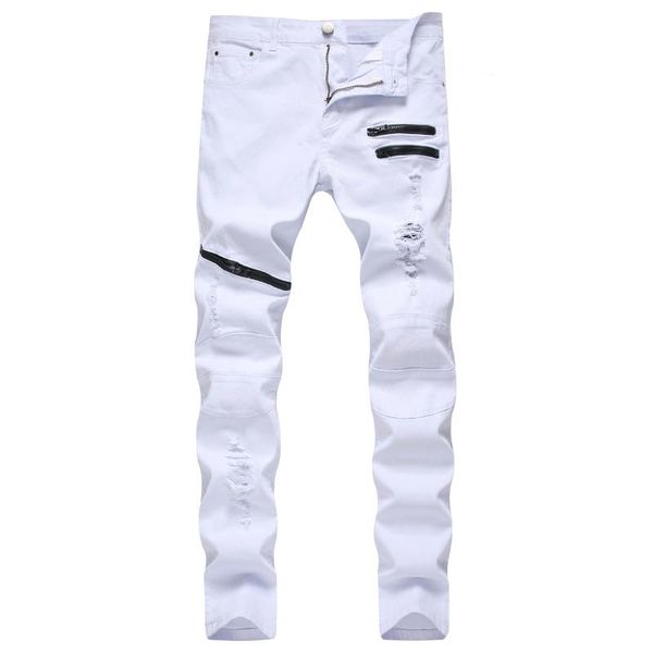

men's jeans 2021 zip casual youth ripped slim straight white, Blue