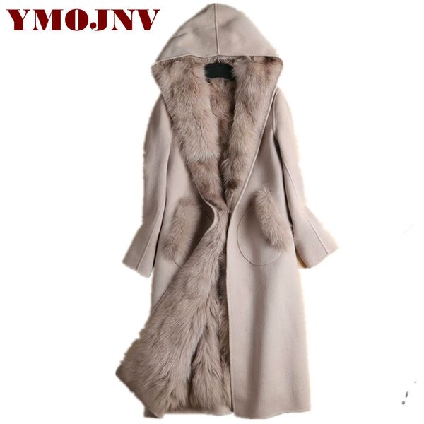 

ymojnv 2020 winter new hooded double-faced cashmere coat women fashion warm detachable natural fur liner long wool overcoat, Black