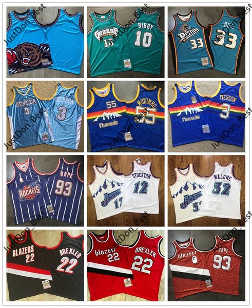 

men iverson 3 drexler 22 mutombo 55 bibby 10 hill 33 stockton 12 malone 32 mitchell & ness all teams name year id tags basketball jerseys, Black;red