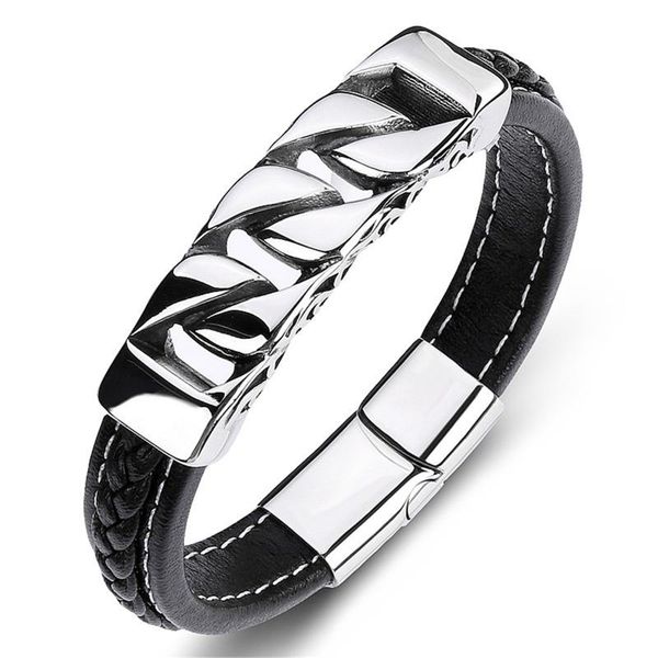 

punk men jewelry braided leather charm bracelet stainless steel magnetic clasp fashion bangles 19/21/23cm, Black