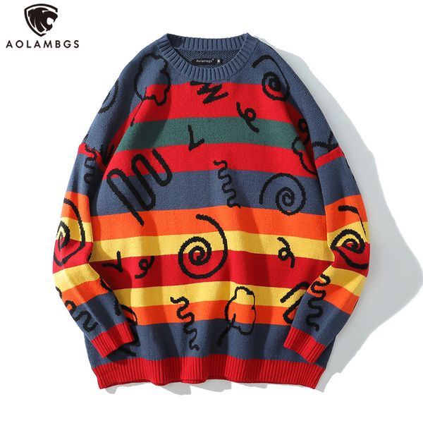 

sweater men colorful striped printed o-neck men's sweater baggy harajuku fashion knitted pullover autumn men clothing, White;black