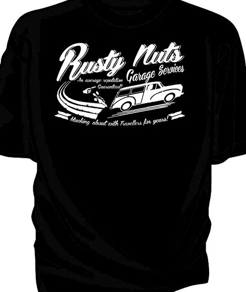 

rusty nuts garage services t-shirt. morris minor traveller