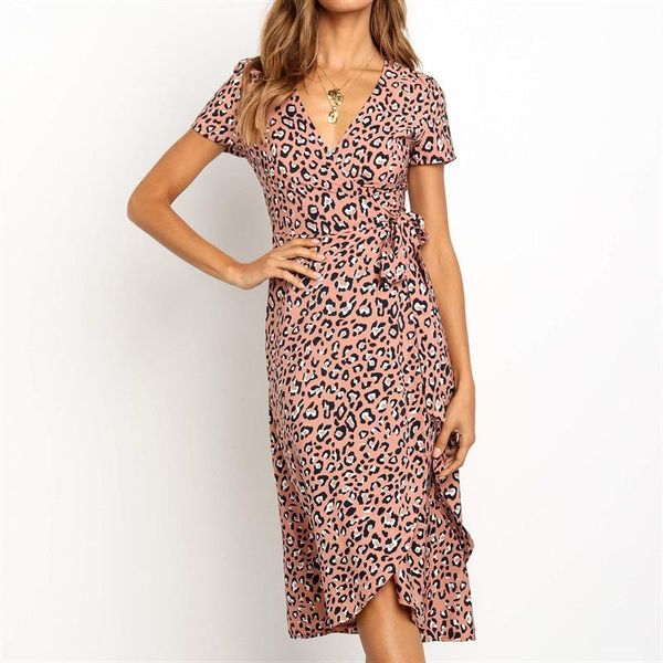 

summer leopard dress 2019 women long wrap beach dress v-neck short sleeve elegant bodycon party dress sundress vestidos, Black;gray