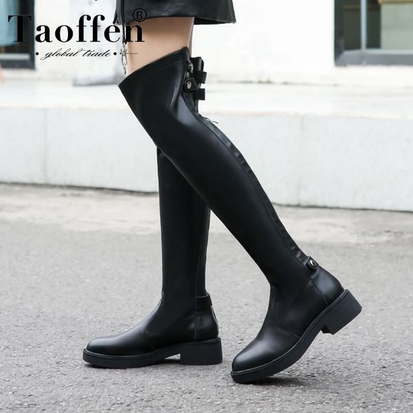 

taoffen woman real leather zipper over knee boots chunky heel round toe winter shoes women brand black botas footwear size 33-40