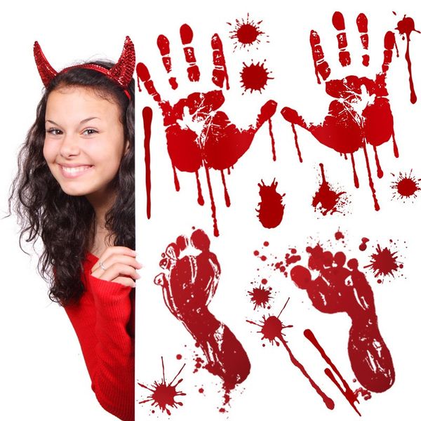 Хэллоуин Кровавая Handprint Scary Halloween ПВХ наклейки Haunted House Prop Window украшения Водонепроницаемый Bloody Fingerprint Decals