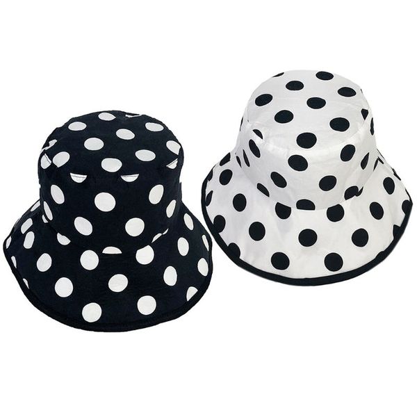 

women men summer cotton bucket hat vintage black white large polka dot print wide brim sunscreen packable fisherman cap, Blue;gray
