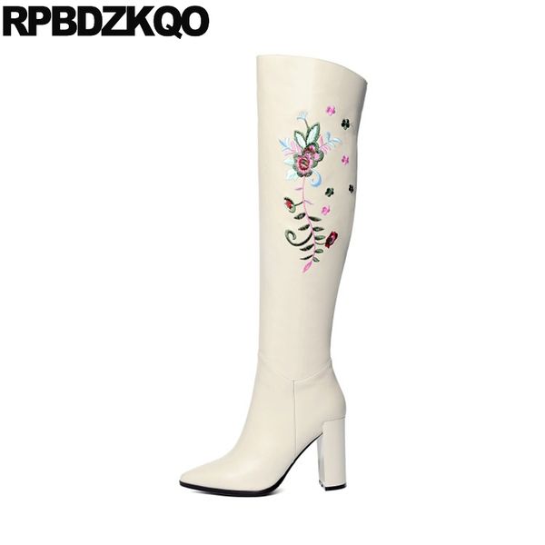 

chunky pointy embroidered long knee pointed toe tall shoes block women boots winter 2020 beige heel fur embroidery, Black