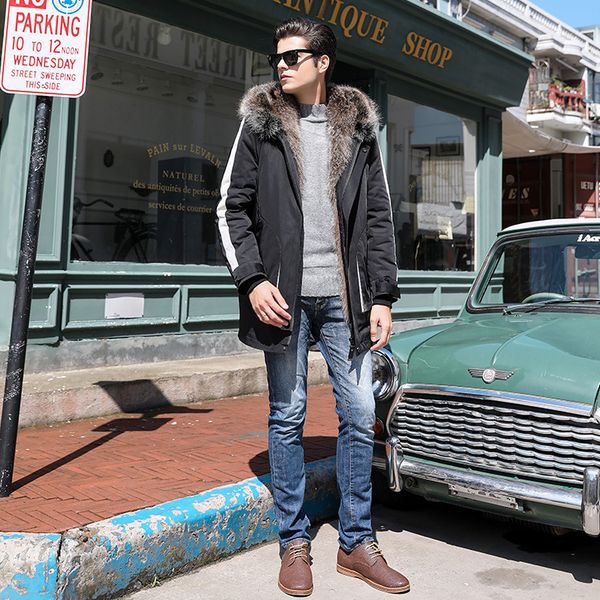 

2020 yiwu new arrival real fur parka men winter jacket natural raccoon dog fur parka hooded coat autumn and winter coat, Black
