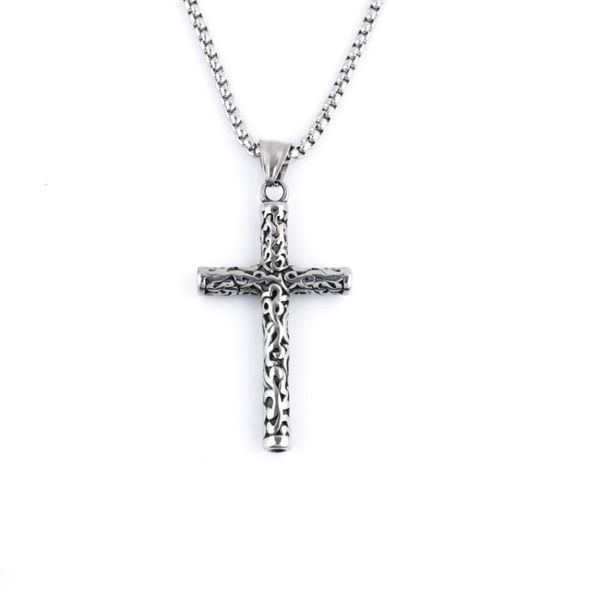 

carved vintage cross necklace european and american fashion long chain pendant, Silver
