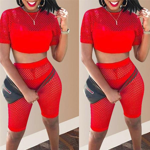 

2020 new women mesh fishnet short sleeve crop short pant sets summer bodycon playsuit clubwear 2pcs set, Gray