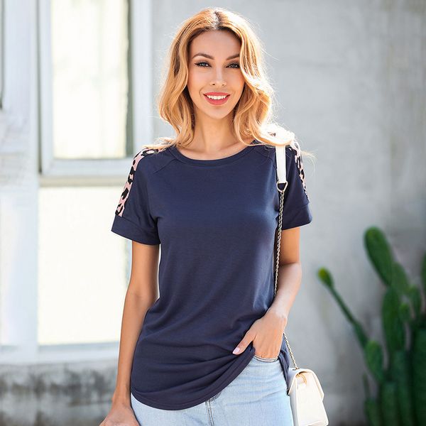

romacci t-shirt women color block patchwork leopard print round neck raglan sleeve irregular hemline casual, White