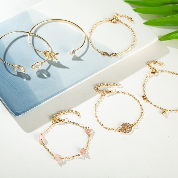 

6/sets women fashion inset gem gold bracelet bangle jewelry simple statement circle arrowhead triangle gem bracelet set, Black