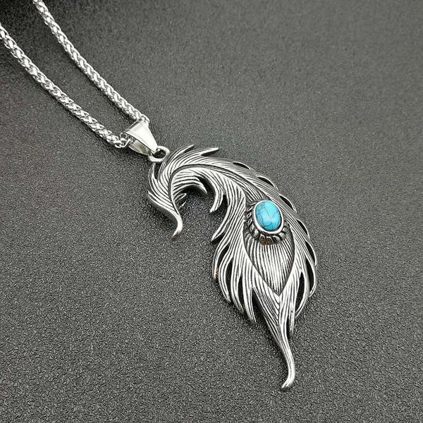

fashion 316l stainless steel feather pendant necklace with blue stone leaf jewerly for man women gift, Silver