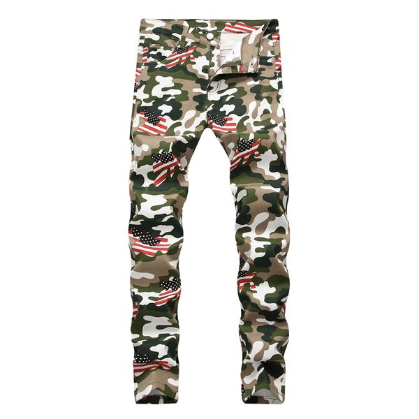 

2020 new fashion mens flag printed jeans straight hip hop slim fit trousers casual jeans pants for men, Blue
