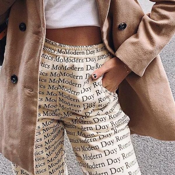 

для женщин конструктора straight full length high street style женская одежда упругие талии письмо печать повседневные брюки, Black;white