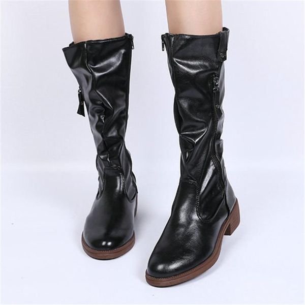 

thigh high oxfords shoes women chunky low heels mid calf motorcycle boots female round toe winter warm pumps shoes casual, Black