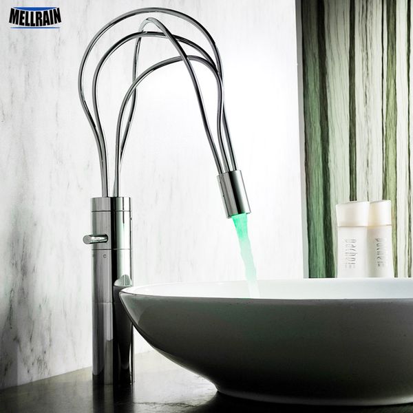 

led light twining pipe design bathroom faucet deck mount single handle fashion basin water mixer tap solid brass short & tall
