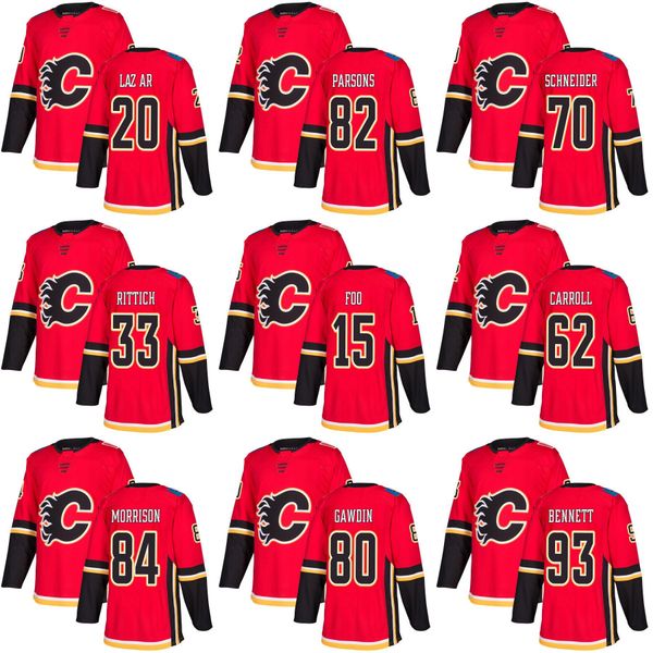 

2018 custom mens red curtis lazar 82 emile poirier 33 david rittich 70 nick schneider 15 spencer foo calgary flames hockey jerseys, Black;red