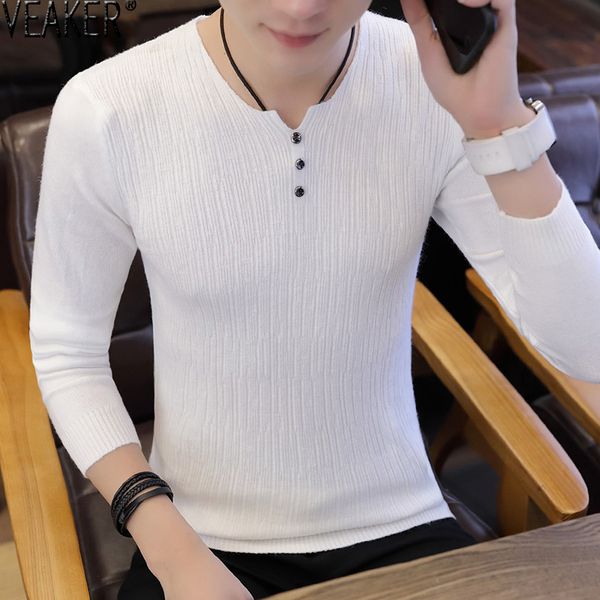 

2020 new men's autumn v-neck sweater pullovers male solid color slim fit pleated knitwear sweaters -3xl, White;black