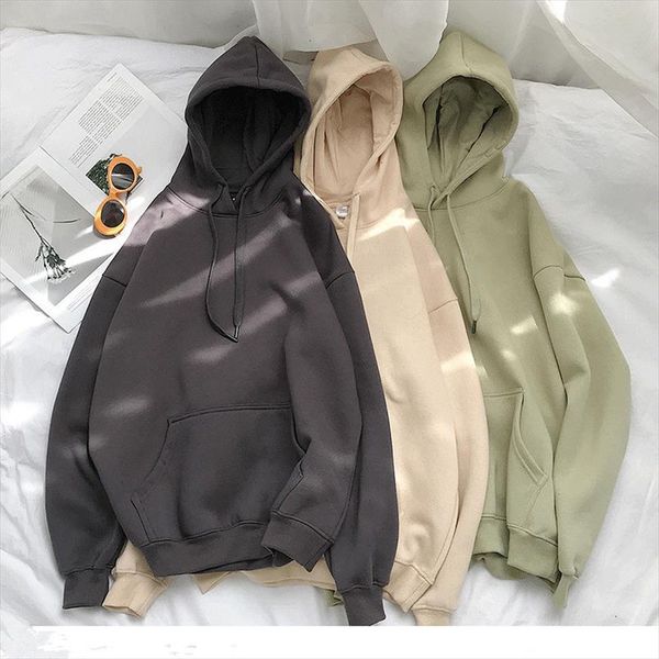 

12 colors women solid hoodies long sleeve korean style loose hooded sweatshirts autumn plus velvet warm casual pocket pullovers, Black