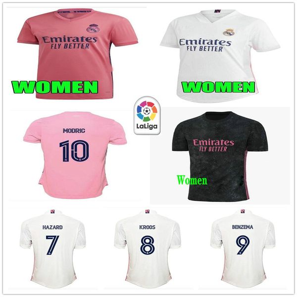 

woman real madrid soccer jerseys hazard vinicius jr jovic modric asensio kroos varane custom 20 21 home away women lady girl football shirt, Black;yellow