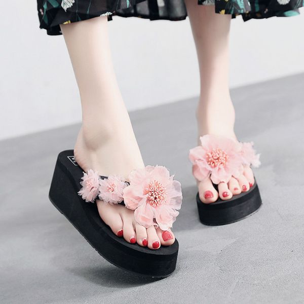 

slippers 2021 wedge female flip flops flower summer non-slip beach shoes woman thick-soled high heeled women with platform, Black