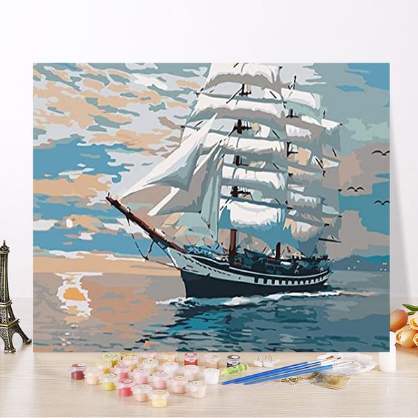 

framless painting by numbers diy dropshipping white sail ship still life canvas wedding decoration art picture gift