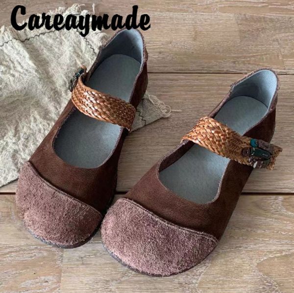 

careaymade-spring and summer round head stitching genuine leather retro art woven mary jane in the women's singles shoes, Black
