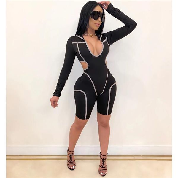 

sports u neck long sleeve rompers womens hollow out yoga jumpsuits designer slim fitness stiped panelled pants females, Black;white