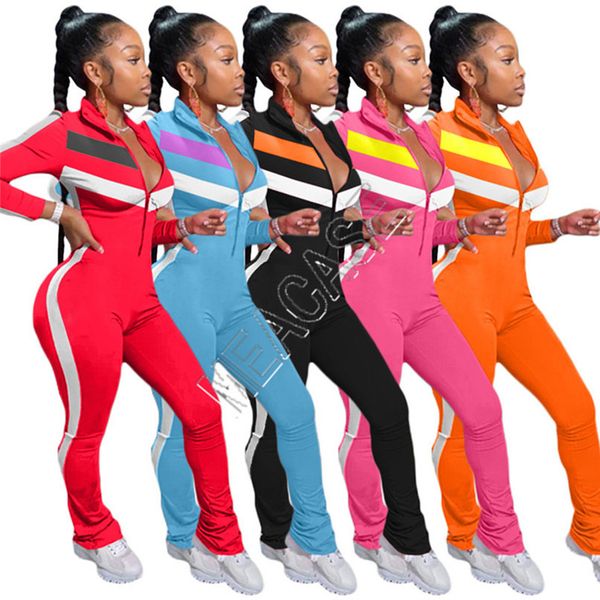 

designers women patchwork jumpsuits rompers zipper long sleeve stand collar leggings pants bodysuits casual fashion onesies overalls d82008, White