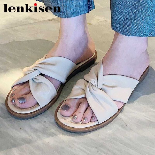 

lenkisen leisure solid simple style peep toe low heel genuine leather outside slipper beauty lady daily wear slip on shoes l00, Black