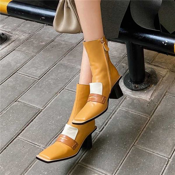 

verconas fashion 2020 new women mid-calf boots autumn winter shoes woman mixed colors square toe high heels zipper boots woman, Black